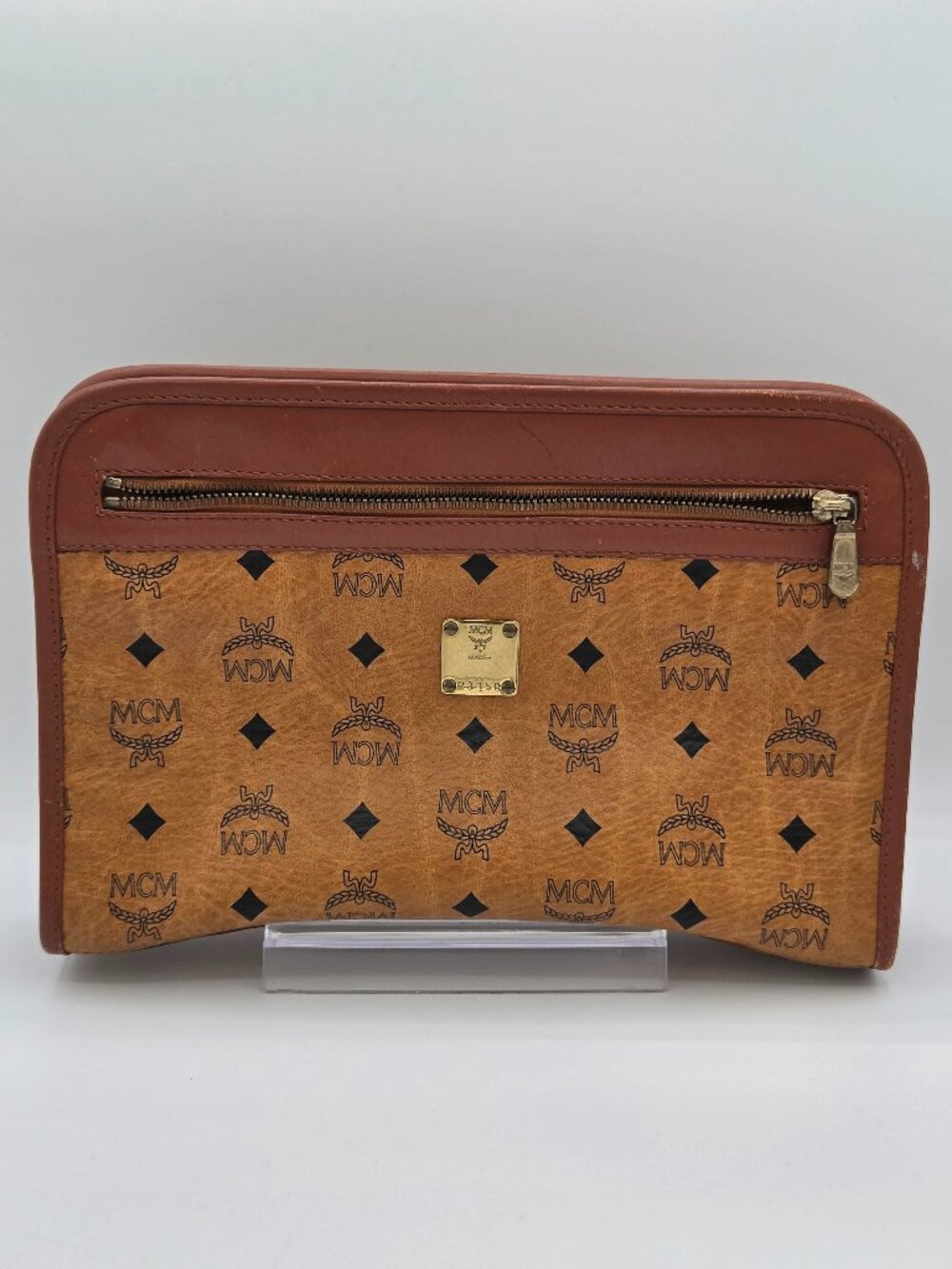 MCM Vintage Visetos Logogram PVC & Leather Clutch | Cognac | Authentic